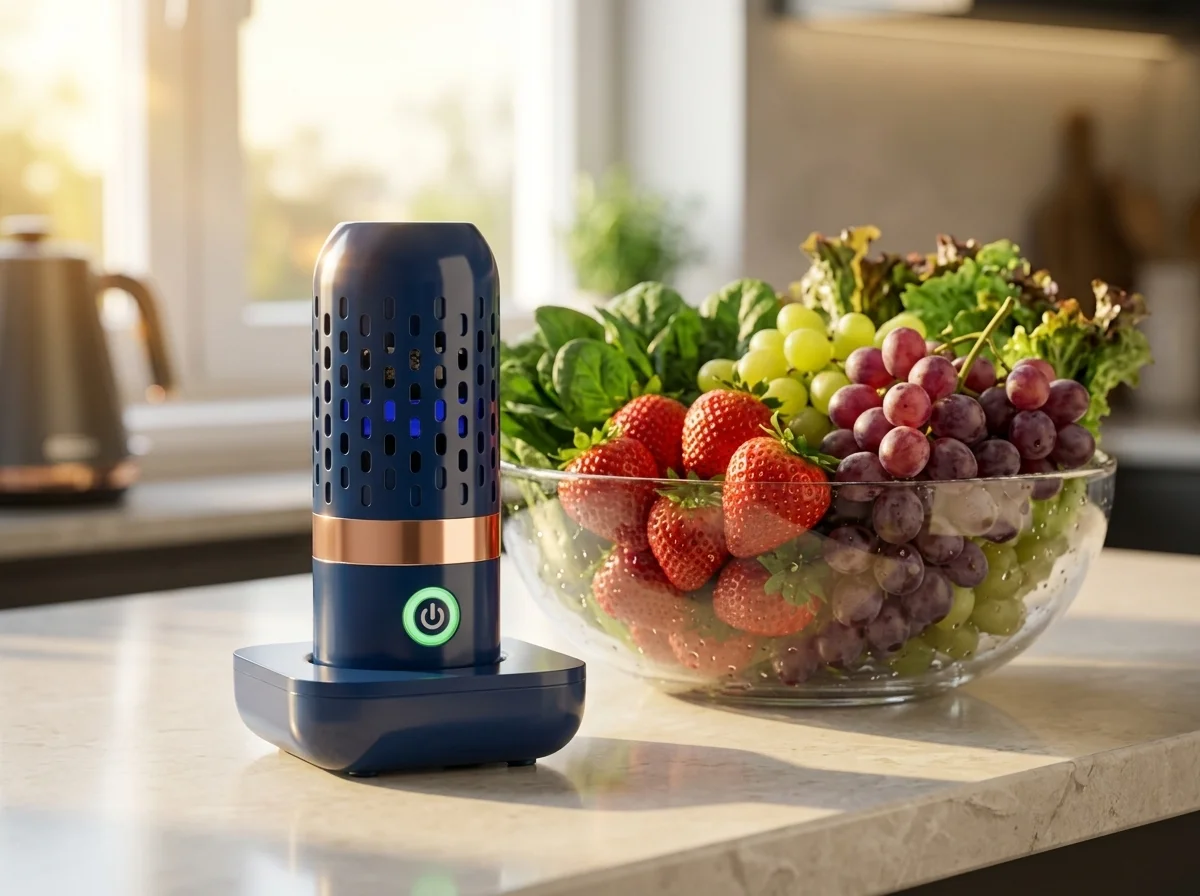 PurePod device beside a bowl of cleaned berries