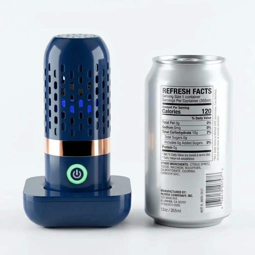 PurePod device next to fresh produce in a compact travel setting